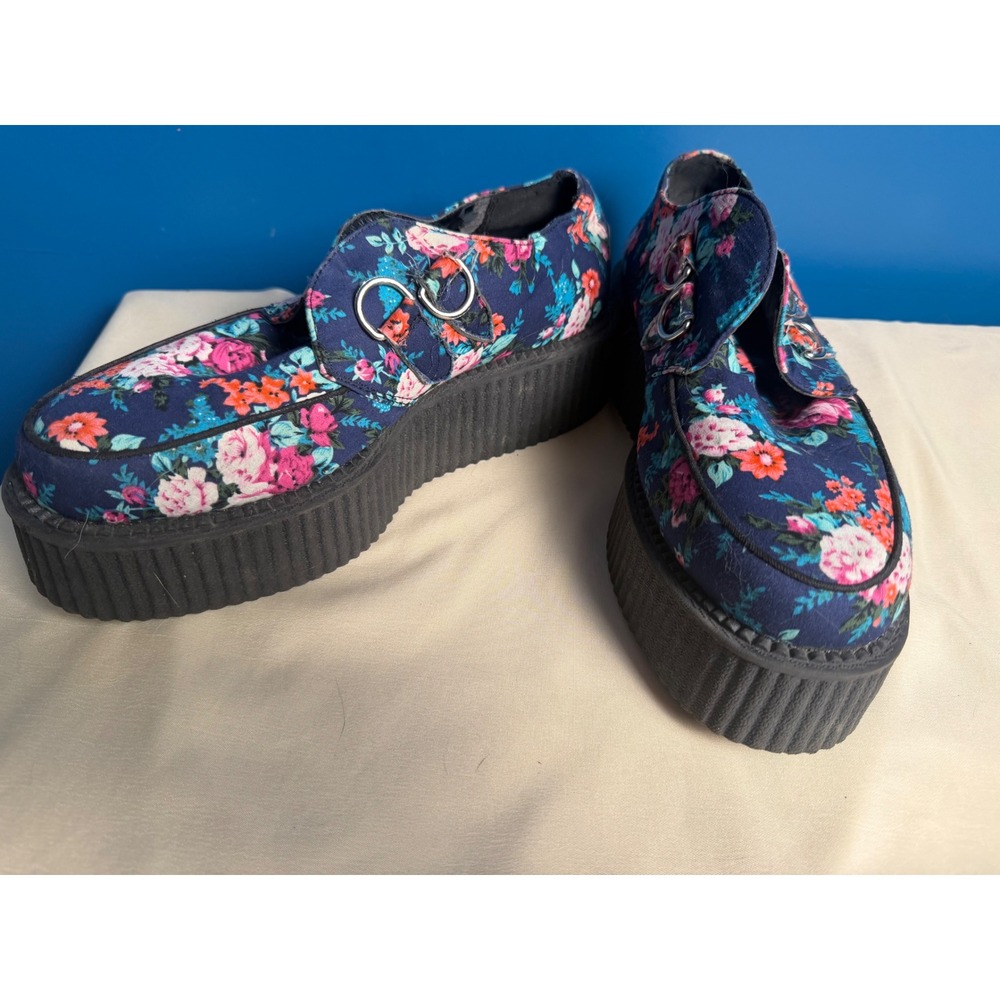 T.U.K. Floral Print Viva Mondo Creepers Navy Blue Platform Shoes Size 9 Y2K 2014